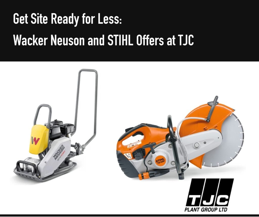 Get Site Ready for Less: Wacker Neuson and STIHL Offers at TJC, with genuine equipment photographs and the TJC logo footer